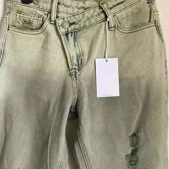 VERVET Super High Rise Criss Cross Waistband Crop Straight Jeans Olive Wash 25 - Picture 9 of 15